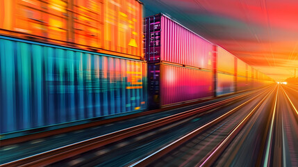 Fototapeta na wymiar Highspeed freight train with vibrant intermodal containers, emphasizing swift delivery