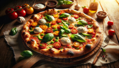 pizza with various vegetables, tomatoes, mozzarella cheese, eggs, spices and basil leaves on a rustic wooden table, still life - obrazy, fototapety, plakaty