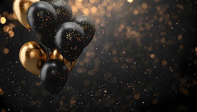 Golden balloons with confetti and ribbons on black background.