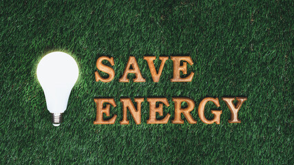 Eco awareness campaign message on grass background striving to conserve energy consumption to reduce CO2 emission with commitment to solve global warming for sustainable and greener environment. Gyre