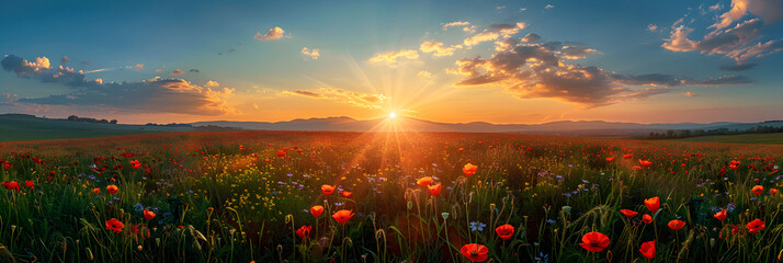 A beautiful and vibrant flower meadow at sunset, a serene and tranquil landscape perfect for relaxation and peace.