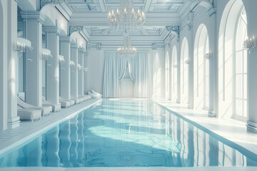 Luxurious indoor swimming pool with a stunning chandelier and a serene atmosphere, isolated on solid white background.