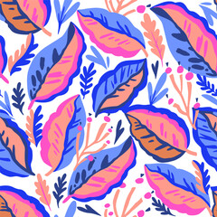 Fototapeta na wymiar Colorful doodle botanical pattern. Vector print with hand-drawn simple plant elements.