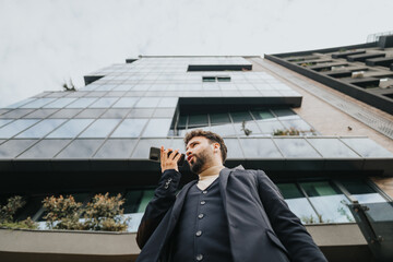 Low angle view of a young, professional businessman on a call while standing in front of a...