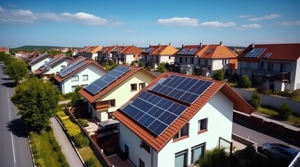 Obraz premium drone view of residential houses with photovoltaic solar panels. Alternative and Renewable energy concept.