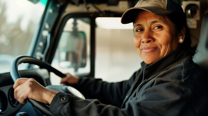 Confident Hispanic Woman Behind the Wheel of a Truck