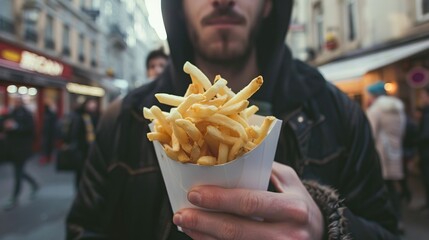 Man eating French fries on the street, personal perspective.