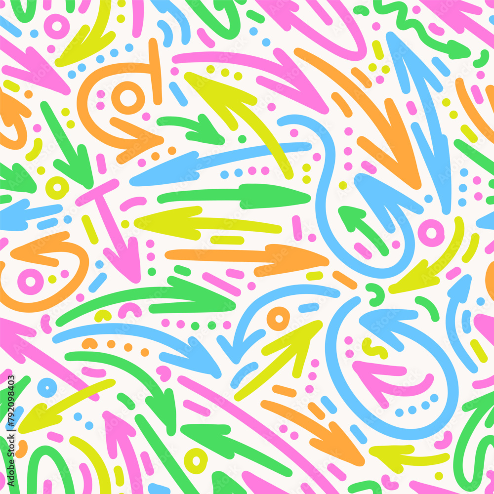 Poster cute kids arrows vector seamless pattern. hand drawn doodle wavy and curve pointer elements bright h