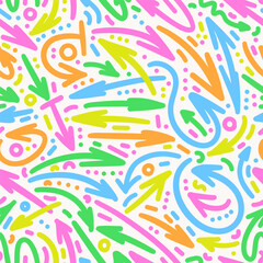 Cute kids arrows vector seamless pattern. Hand drawn doodle wavy and curve pointer elements bright highlighters colors. Funny repeatable abstract background.