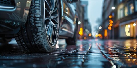 City Night Photography: Captivating Car Tire and Alloy Detail in Urban Evening, Twilight City Street with Sparkling Lights and Car Details.