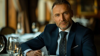 Professional Portrait Photography: Dapper Gentleman in Navy Suit Dining Elegantly, Classy Man in Business Attire with Restaurant Ambiance.