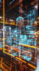 Fototapeta premium The image is a 3D of an industrial plant. The image is in blue and orange colors. The image is very detailed and looks realistic.