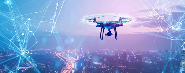 The image shows a drone with a camera flying over a city. The drone is connected to a network of...