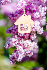 The symbol of the house among the branches of the pink lilac
