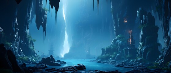 Underwater cave with stalactites and stalagmites. 3d render