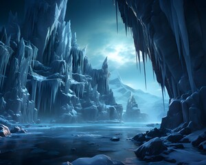 Fantasy landscape with ice cave and icicles. 3d illustration
