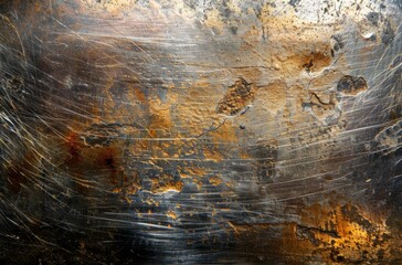 A detailed shot of a weathered metal surface, with scratches and wear, ideal for grunge-style backgrounds or texture overlays. - obrazy, fototapety, plakaty