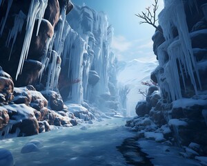 Fantasy winter landscape with frozen waterfall and ice. 3d rendering