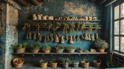 banner background National Herbalist Day theme, and wide copy space, herbal medicine, A herbalist's workshop with drying racks, herb bundles hanging, and tools of the trade, for banner, UHD image