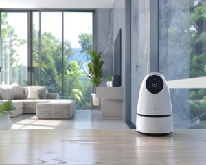 The image shows a home security camera sitting on a table in a modern living room.