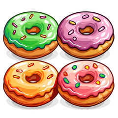 Colorful pink, chocolate, orange glazed donut set on white background. The view from the top and from the side illustration