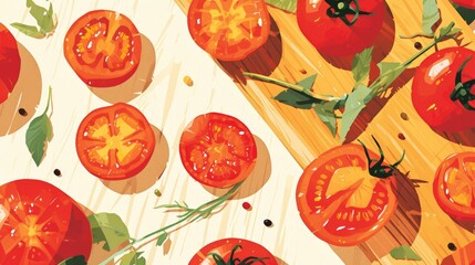 A vibrant image of hand drawn tomatoes on a wooden cutting board is depicted in a colorful flat 2d illustration against a white backdrop