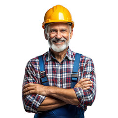 Senior construction worker smiling confidently with arms crossed