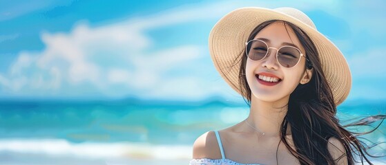 a woman in glasses and a straw hat smiles enjoying summer vacation
