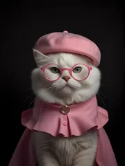 Foto op Canvas  A cat wearing pink glasses, a pink hat and a pink skirt on a black background © bellali