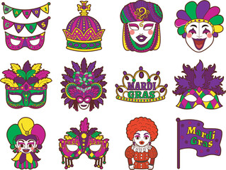 Fototapeta premium Cute Mardi Gras vector icon. Colorful of Mardi Gras carnival celebration in French.