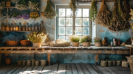 banner background National Herbalist Day theme, and wide copy space, herbal medicine, A herbalist's workshop with drying racks, herb bundles hanging, and tools of the trade, for banner, UHD image