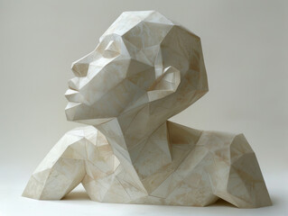 An origami sculpture of a human bust with a contemplative pose against a white background, showcasing geometric folds.