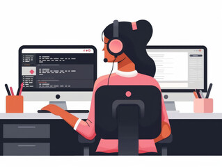 Vector illustration of a female receptionist working at a desk with headphones and a microphone, in front of a computer.