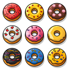 Colorful pink, chocolate, orange glazed donut set on white background. The view from the top and from the side illustration
