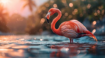 beautiful flamingo in a lake - obrazy, fototapety, plakaty