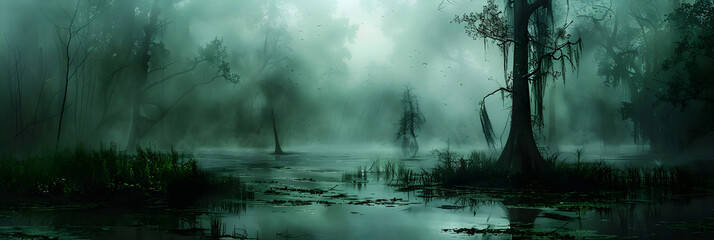 A creepy landscape showing a misty, dark green swamp, exuding a spooky and mysterious atmosphere.