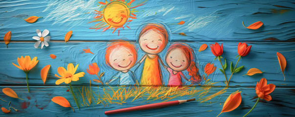 Drawing by crayons background of a happy family. Concept of banner, backdrop and wallpaper. - obrazy, fototapety, plakaty