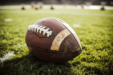 American football ball lying on the grass field