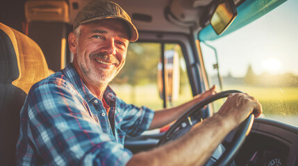 Homem caminhoneiro feliz sorrindo em seu caminhão