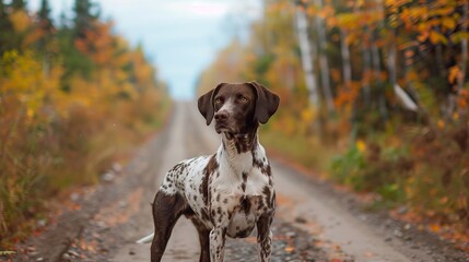 Portrait of A pointer standing on crossroads, Meaghers Grant,Nova Scotia,Canada.

