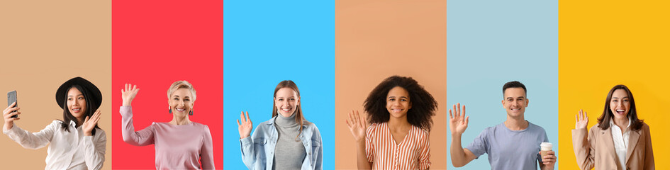 Set of friendly people on color background