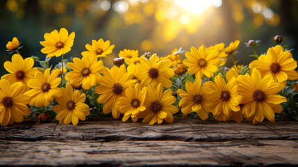 A group of yellow flowers arranged neatly on top of a wooden table, summer promotion template.
 - Powered by Adobe