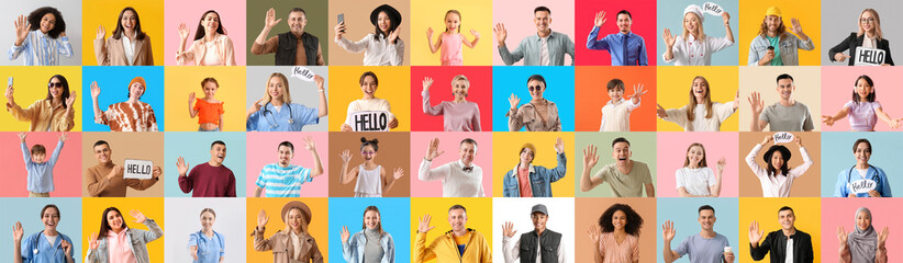 Collage of friendly people on color background