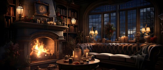 Cozy home interior with fireplace, candles and sofa. Panorama