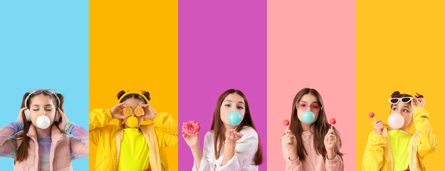 Collection of trendy girl blowing bubble gum on colorful background
