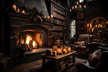 The interior of the old castle with fireplace and christmas decorations.