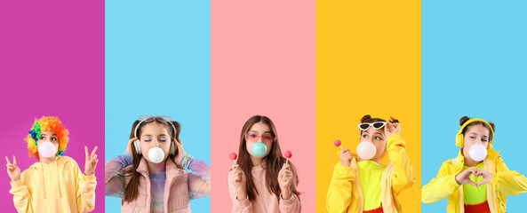 Set of trendy girl blowing bubble gum on colorful background