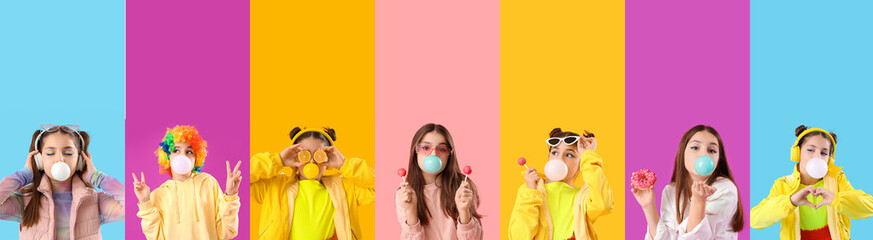 Collage of trendy girl blowing bubble gum on colorful background