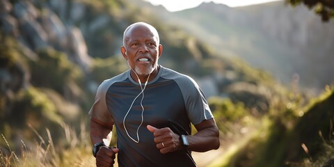 Fototapeta premium An African man is running in the mountains with headphones on