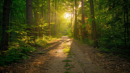 The path through the forest is bathed in sunlight.